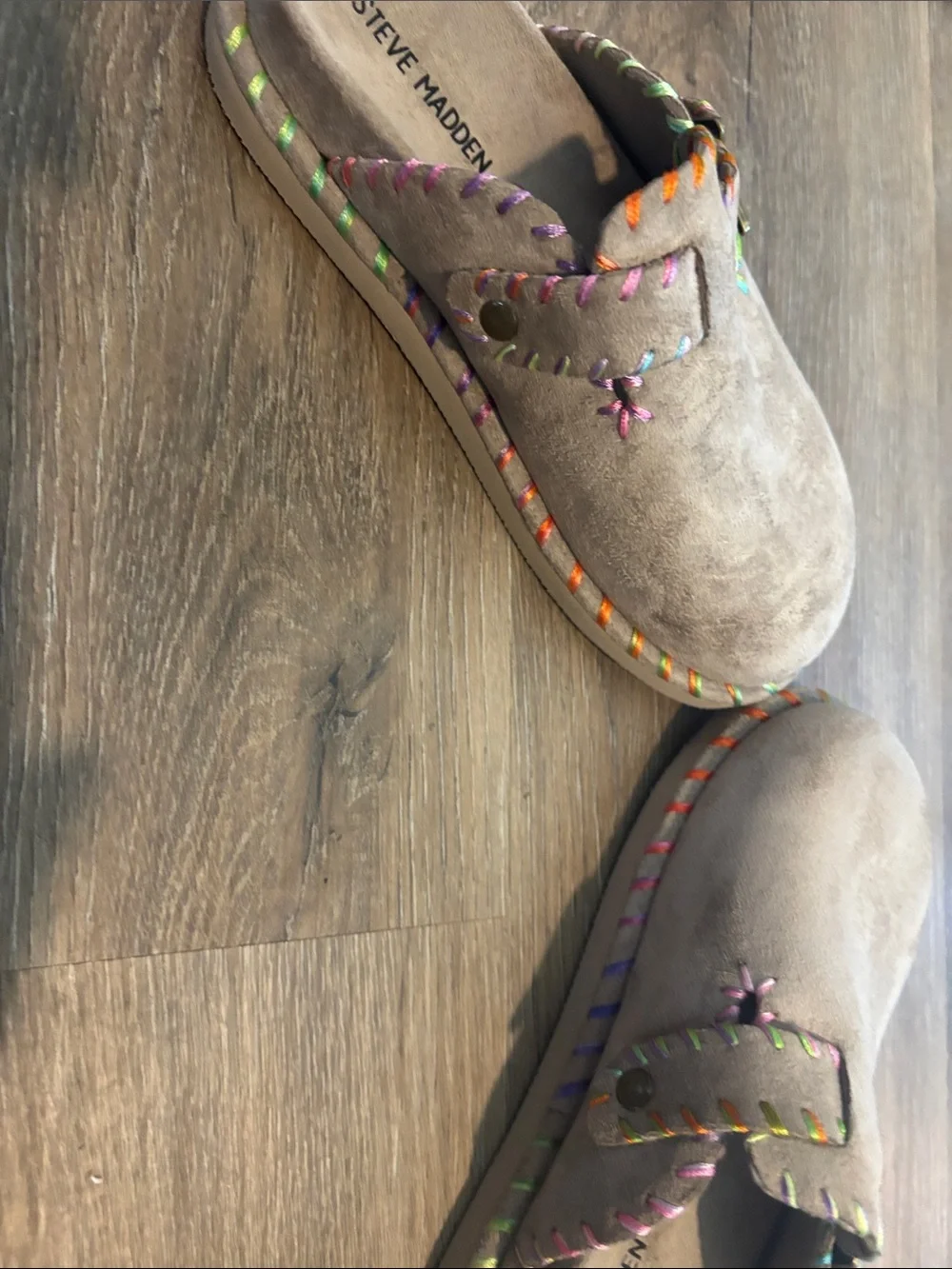 Steve Madden Kids Taupe Suede Slip-On Clogs with Multicolor Stitching